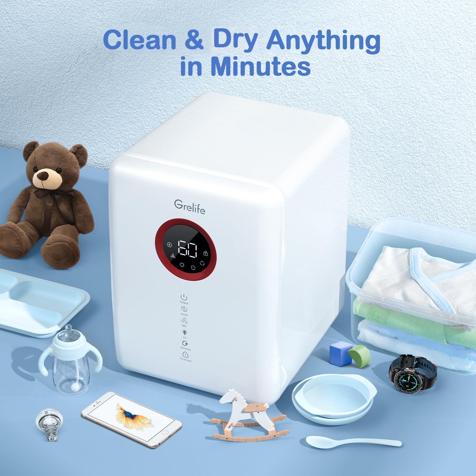 Grelife 18L Baby Bottle Dryer with Touch Screen & Auto-Off - Fast Drying for Bottles, Toys, Clothes, Beauty Tools, Tableware, Phones & Home Office Items | Perfect for Nursery, Kitchen & Workspace Organization