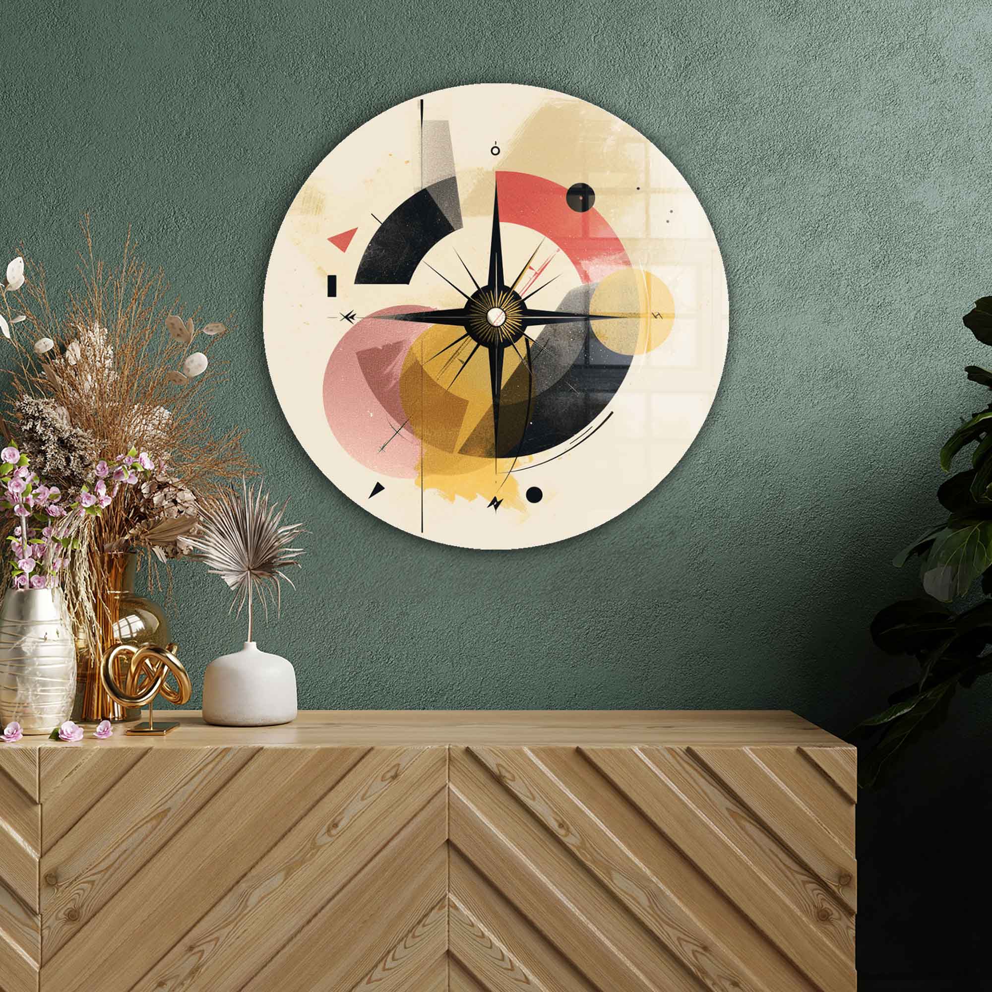 Abstract Compass Rounded Glass Wall Art - Modern Home Decor for Living Room, Bedroom & Office - Unique Geometric Design for Stylish Interior Spaces