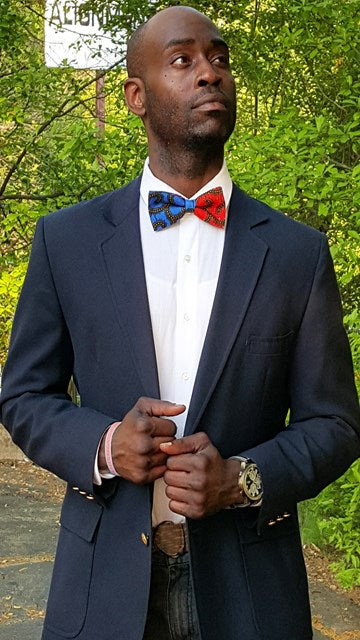 Stylish African Print Bow Tie for Men - Blue & Red Geometric Design DP3815BT - Perfect for Weddings, Parties & Formal Events