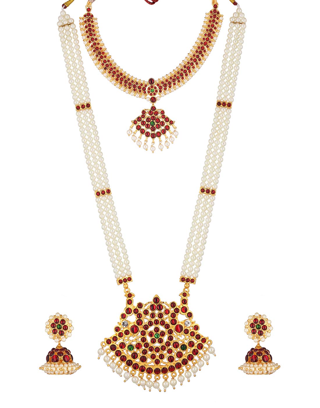 3 Line Long Pearl Haram Necklace Set with Pendant, Short Necklace & Earrings – Elegant Jewelry for Weddings, Parties & Special Occasions