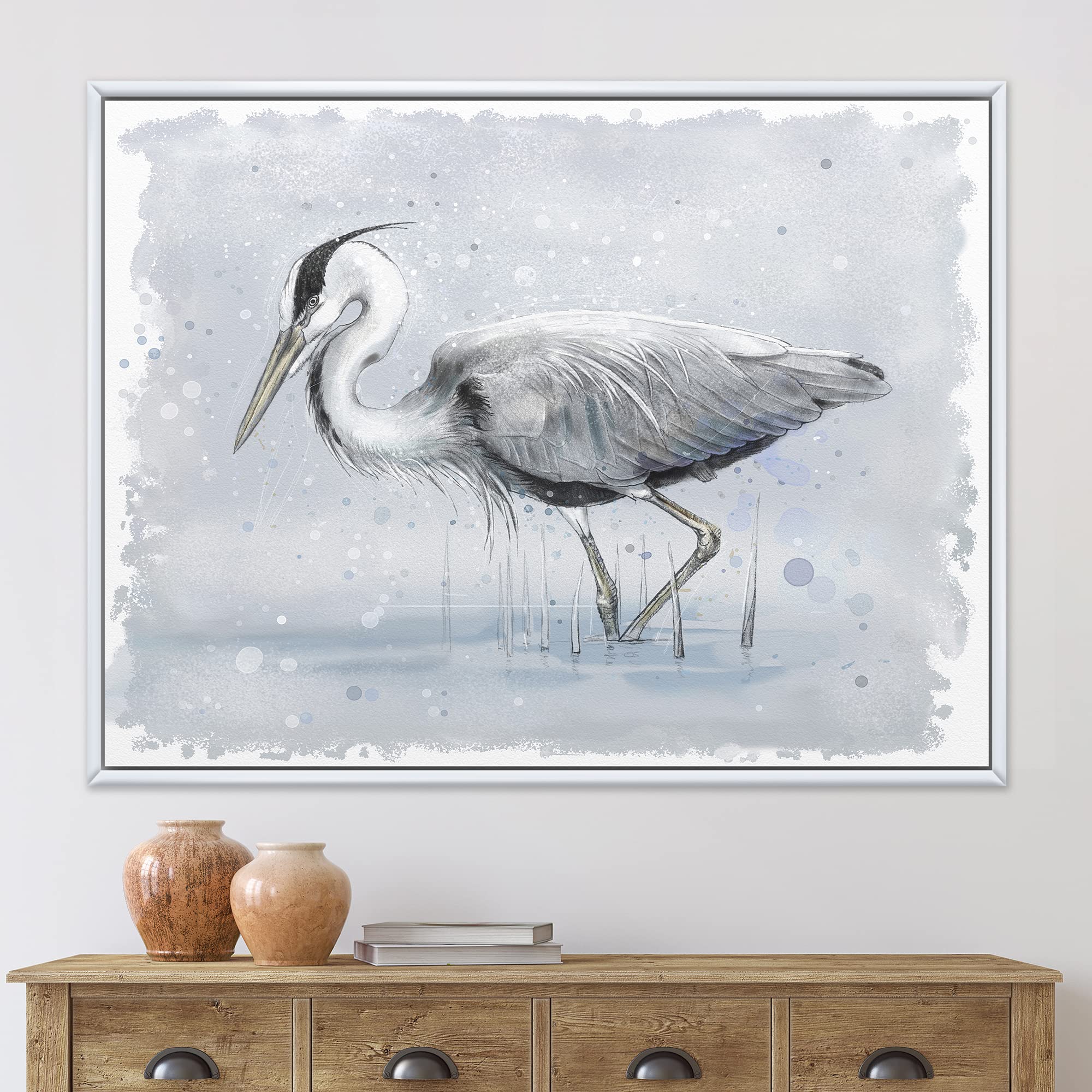Grey Heron Bird Framed Canvas Wall Art - Farmhouse Decor for Living Room, Bedroom & Office - Nature Inspired Home Decoration