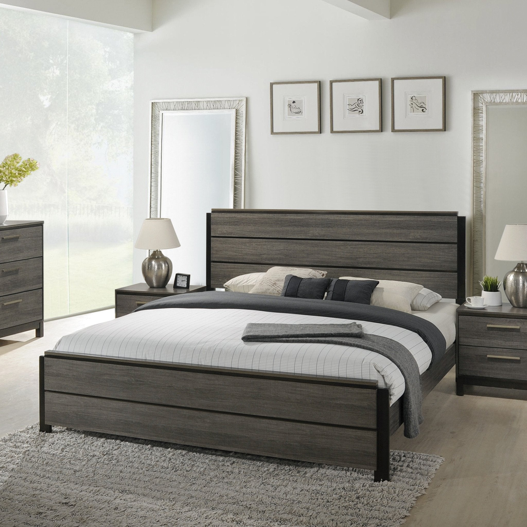 Ioana Contemporary Wood Panel Bed Frame - Gray Finish Queen Size, Modern Platform Bed with Headboard for Bedroom, Guest Room, or Master Suite