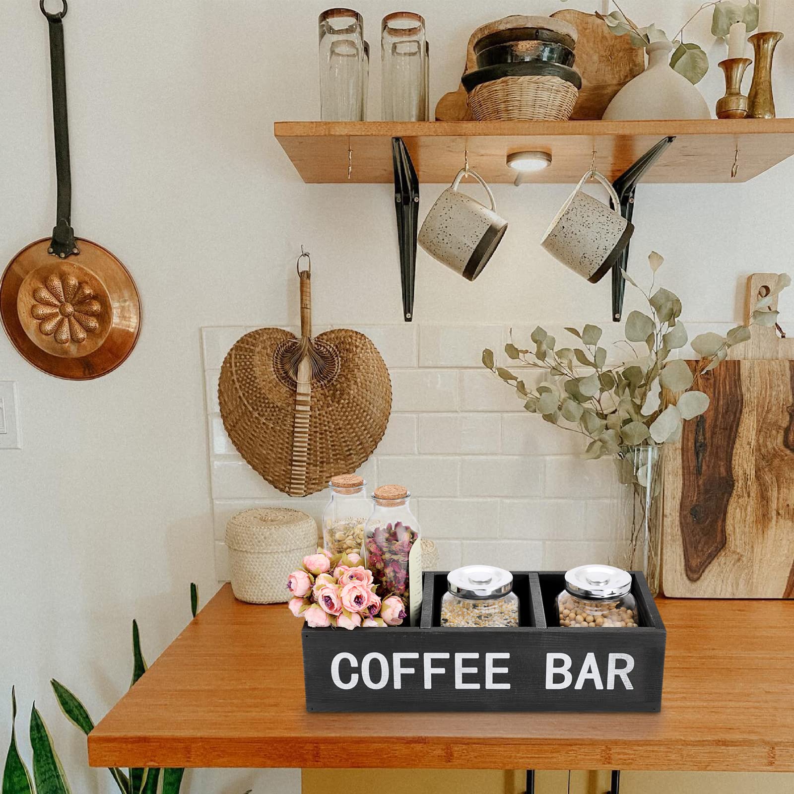 ELLDOO Wooden Coffee Bar Storage Box with Removable Grids - Coffee Station Organizer, Pod Holder & Rustic Kitchen Decor for Farmhouse, Countertop - Perfect for Home, Office & Coffee Shop Use (Black)