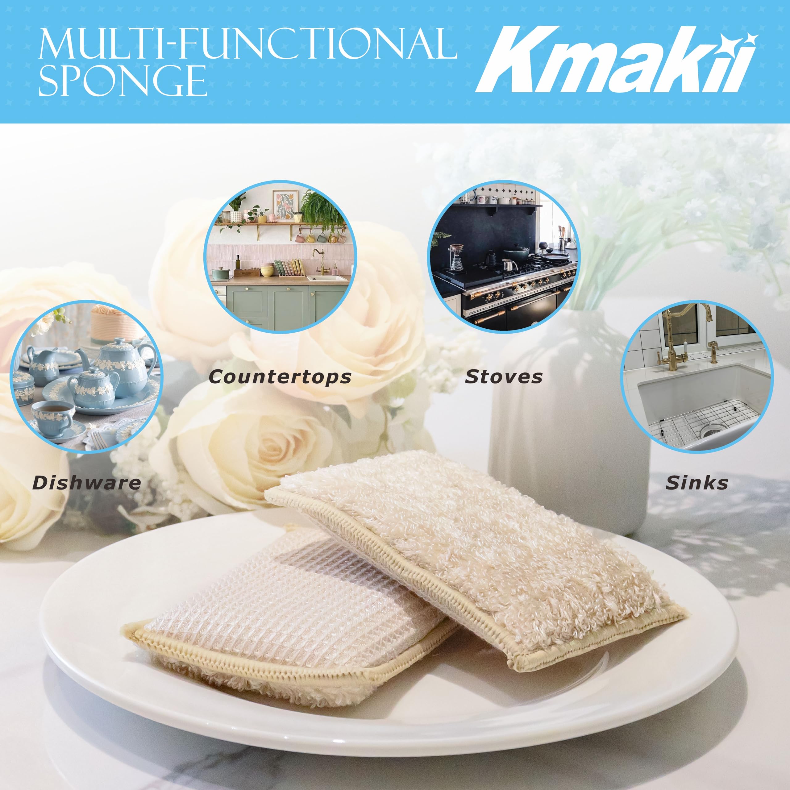 Natural Bamboo Dish Sponges - Super Absorbent, Pack of 6 | Eco-Friendly Kitchen Cleaning