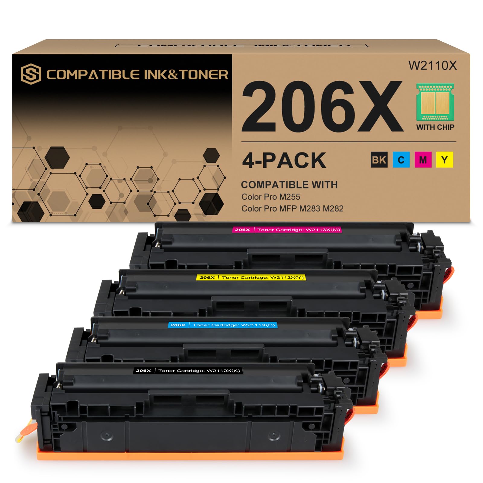 High Yield Toner Cartridge 4-Pack (206X/206A with Chip) - Compatible with HP Color Pro MFP M283fdw, M283cdw, M255dw, M255nw, MFP M282nw, M283, M282, M255 Printers | Replacement for W2110X, W2111X, W2112X, W2113X, 206A, W2110A | Ideal for Office Printing, Home Use & Small Business Documents