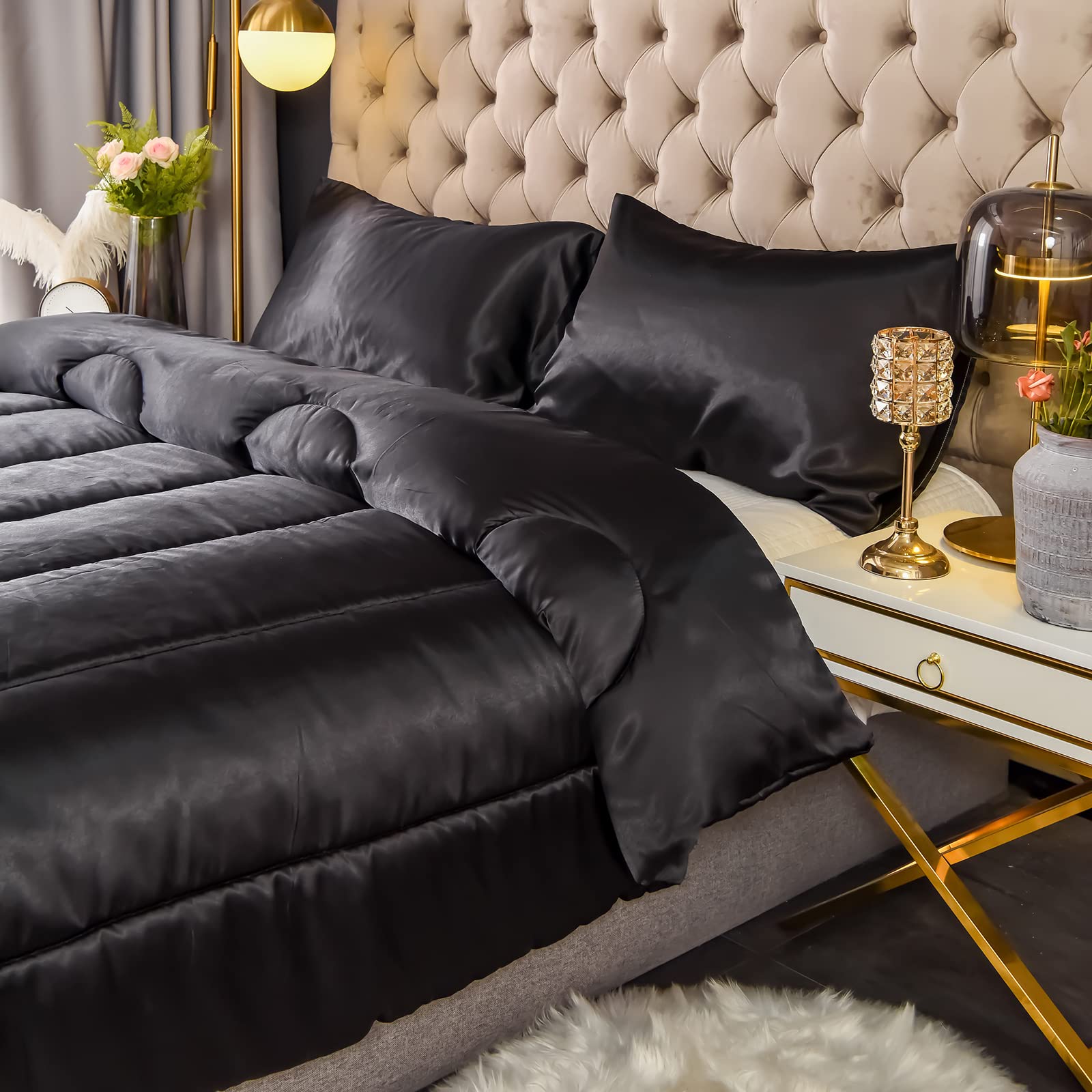 Luxury Satin Comforter Set - Black King Size Down Alternative Bedding | Silk-Like Softness | 1 Comforter + 2 Pillowcases | Perfect for Master Bedroom & Guest Room Decor