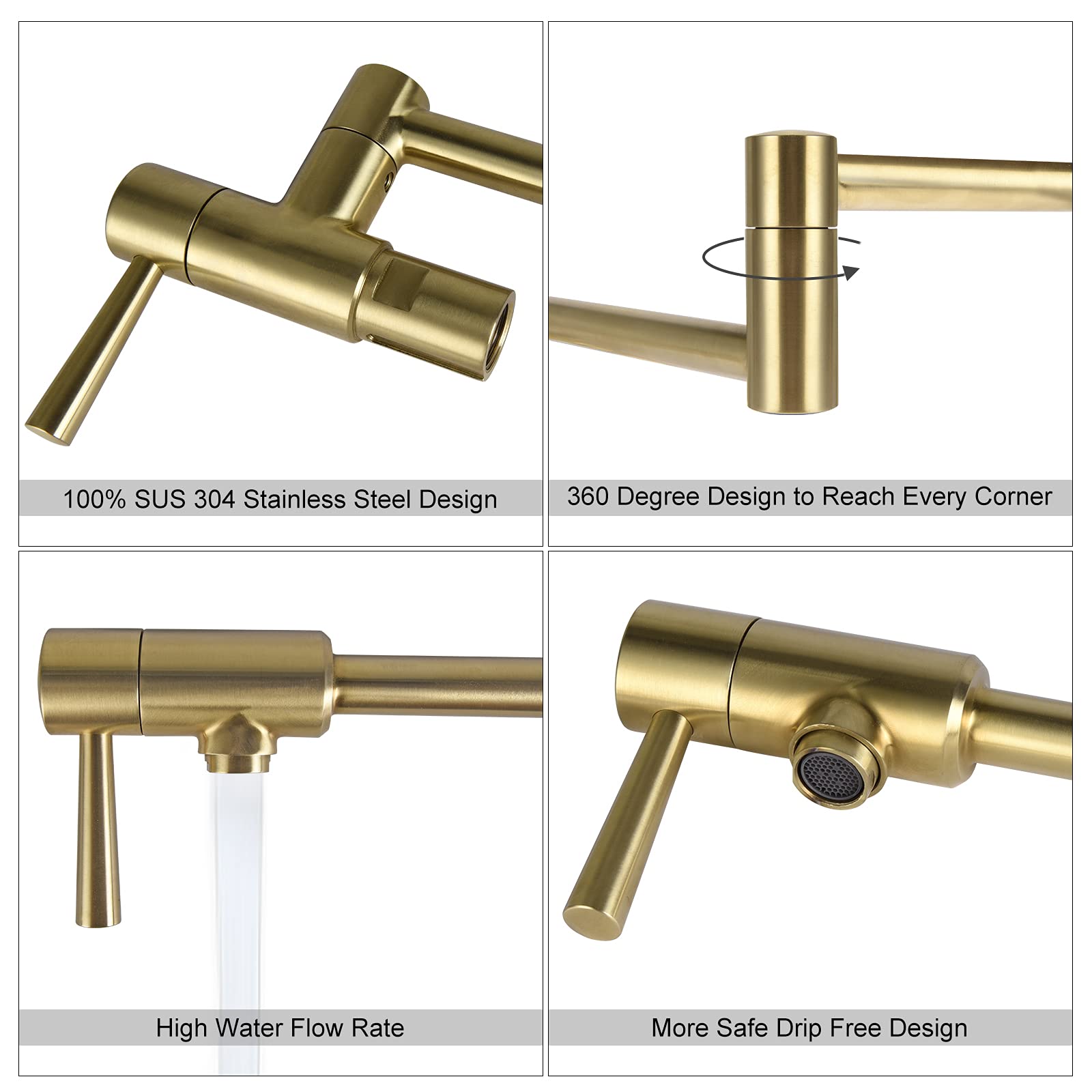 IMLEZON Commercial Stainless Steel Wall Mount Pot Filler Faucet - Single Hole, 2 Handles, Folding & Extendable Design in Champagne Bronze - Perfect for Kitchen Sinks, Restaurants & Food Prep Areas