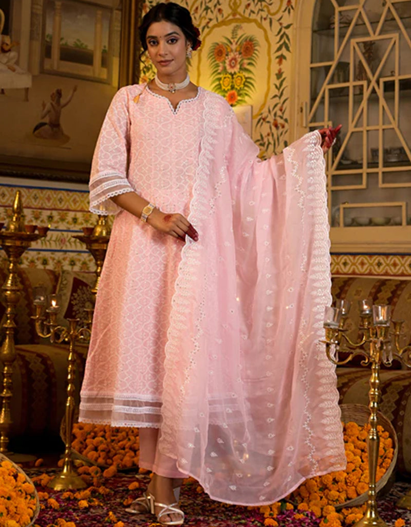 Anarkali Kurta Trouser With Dupatta Set - Baby Pink Pure Cotton Pant Suit for Women | Traditional Indian Ethnic Wear for Festivals, Weddings & Special Occasions