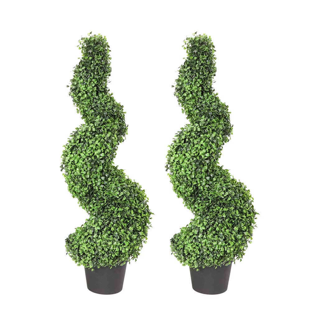 35 Inch Artificial Boxwood Spiral Topiary Tree - Set of 2 Fake Faux Plants in Plastic Pots for Indoor Outdoor Home Garden Decor | Perfect for Porch, Patio, Entryway & Office Decoration