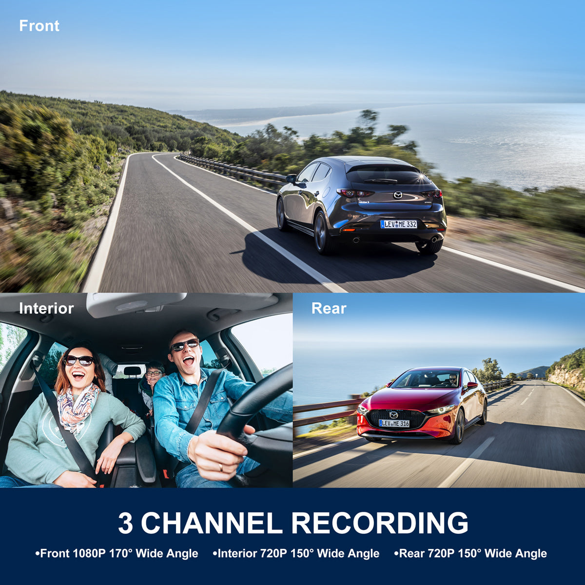 Campark M200 1080P 3 Channel Dash Camera with GPS - Front, Rear & Interior Car Camera for USA | Night Vision, Loop Recording, Parking Mode | Perfect for Uber, Lyft, Taxi & Fleet Vehicles