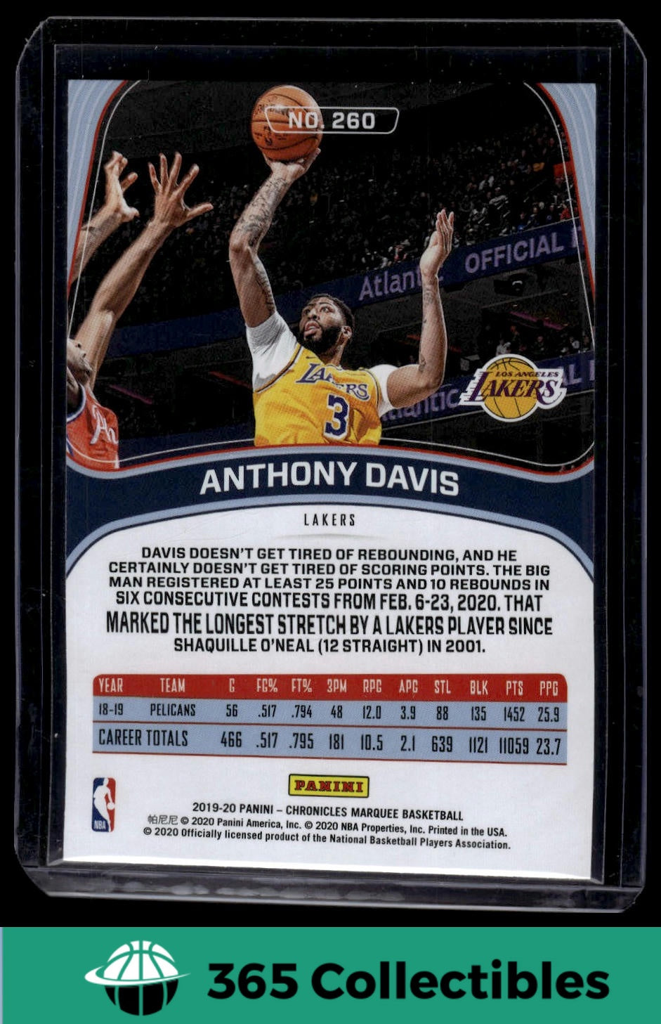 2019-20 Panini Chronicles Anthony Davis #260 Basketball Card - Los Angeles Lakers NBA Collectible for Fans & Memorabilia Enthusiasts | Perfect for Trading, Collecting, and Displaying in Your Sports Room