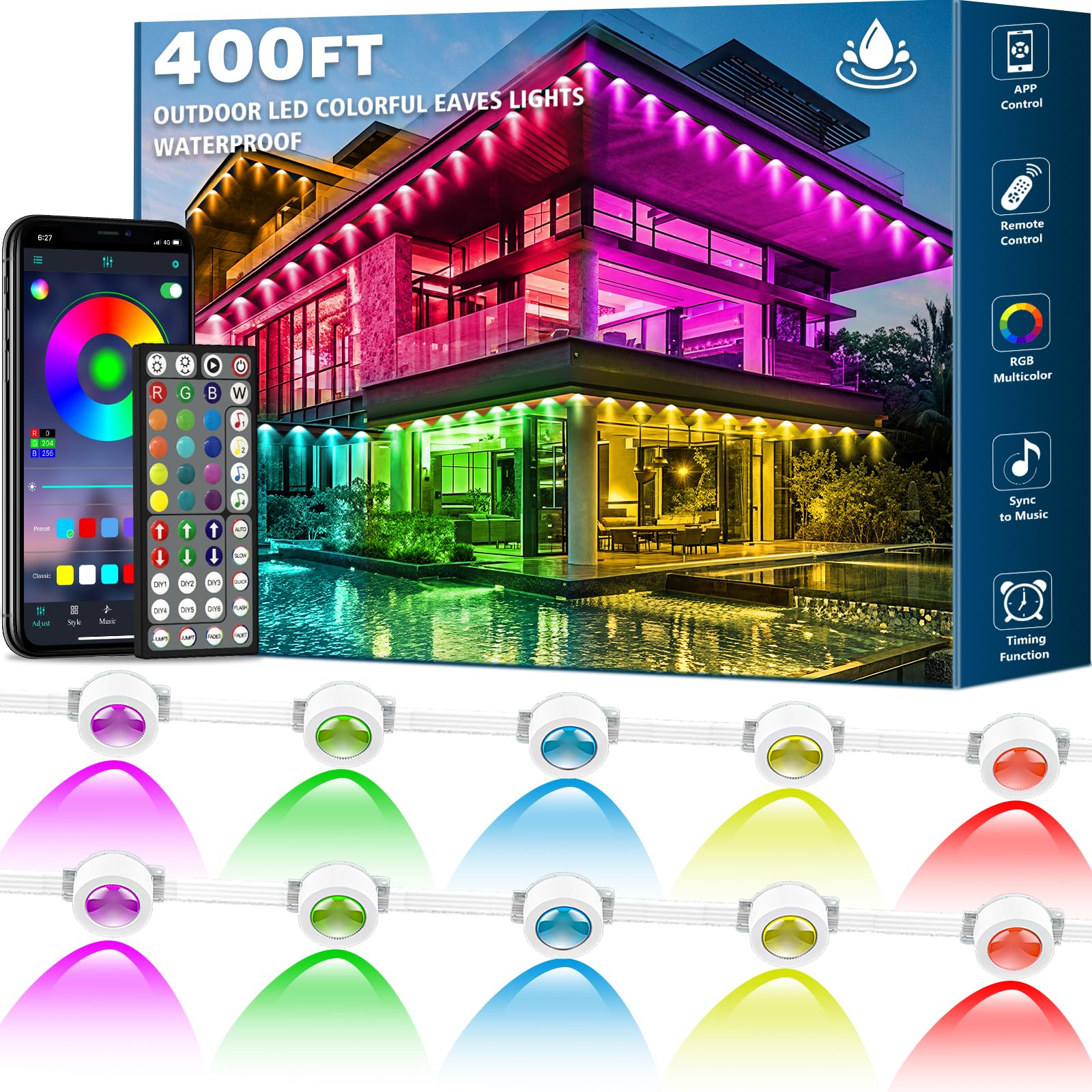 SINLEY 400FT Permanent Outdoor RGB LED Lights with Smart App & Remote Control, DIY Scene Modes, IP67 Waterproof Under Eave Lighting for Patio, Garden, and Holiday Decorations
