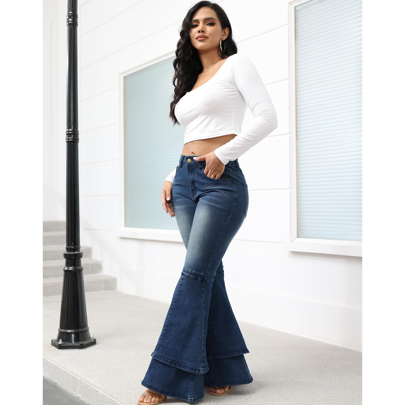 ThusFar High Waisted Bell Bottom Jeans for Women - 70s Vintage Flared Wide Leg Denim Pants with Pleated Layered Ruffle Hem | Retro Fashion, Casual Wear, Party Outfits