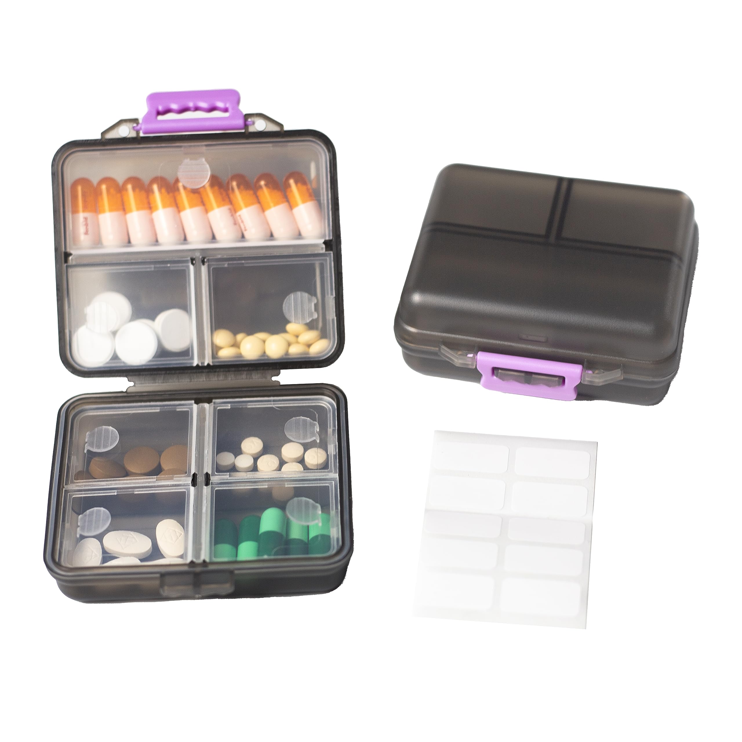 1 Pack Travel Pill Organizer with Labels - Small Portable 7-Day Pill Box, 7 Compartment Medication Case, Food Grade PP Material (Black/Gray) - Perfect for Daily Medicine Storage, Travel & Emergency Kits