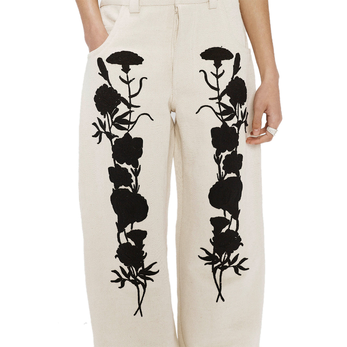 Embroidered Foliage Long Work Pants for Women - Comfortable Office Trousers in Off White | Perfect for Business Casual & Professional Workwear
