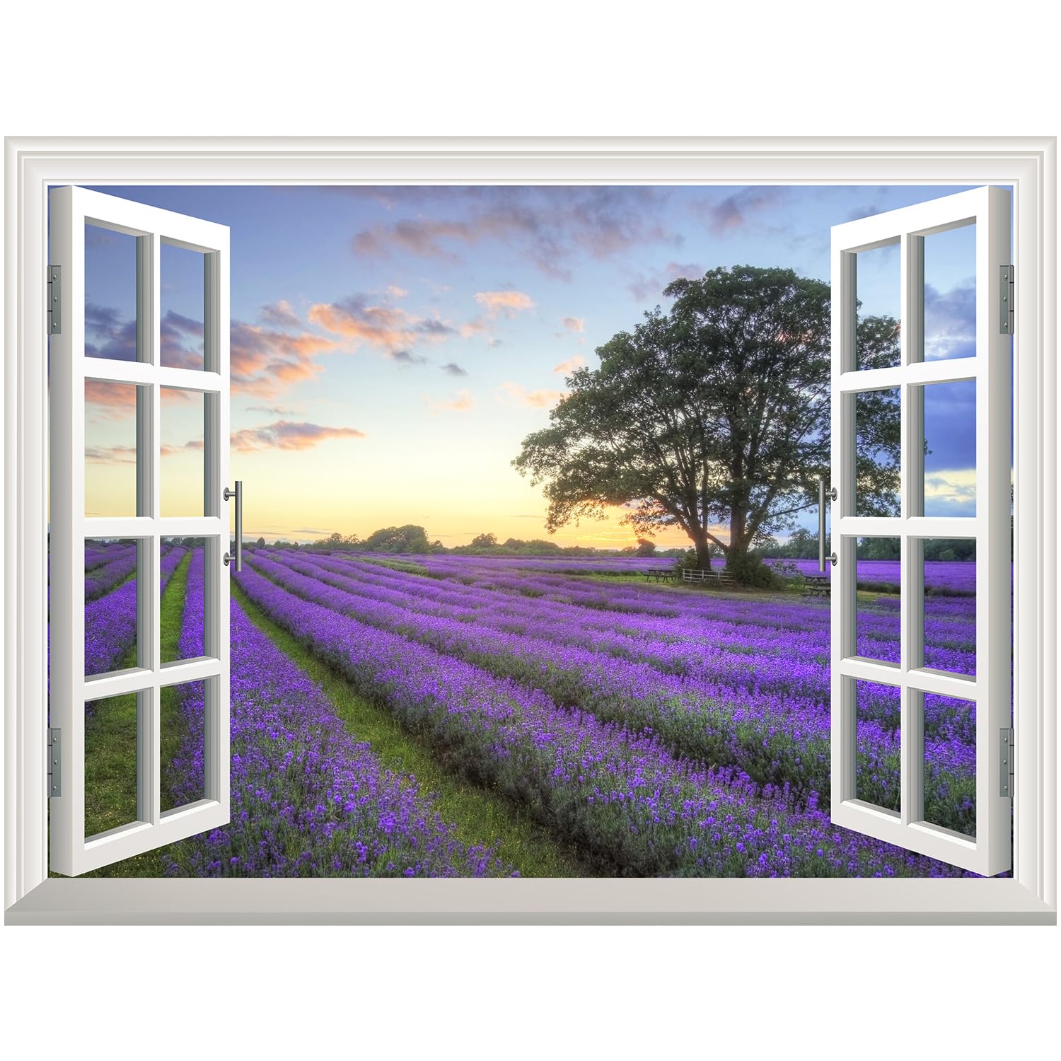 Wall26 Removable Wall Sticker & Mural - Sunrise on Purple Field | Window View Wall Art Decor - 24x32 Inches | Perfect for Bedroom, Living Room & Office Decoration