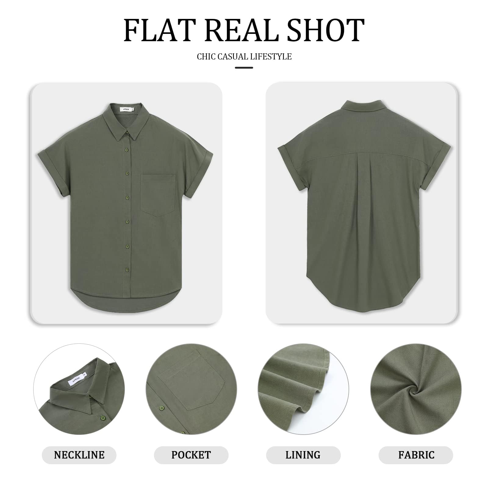 APRAW Women's Casual Short Sleeve Button Down Shirt - Summer Cotton Plain Blouse with Pockets | Perfect for Office, Travel & Everyday Wear