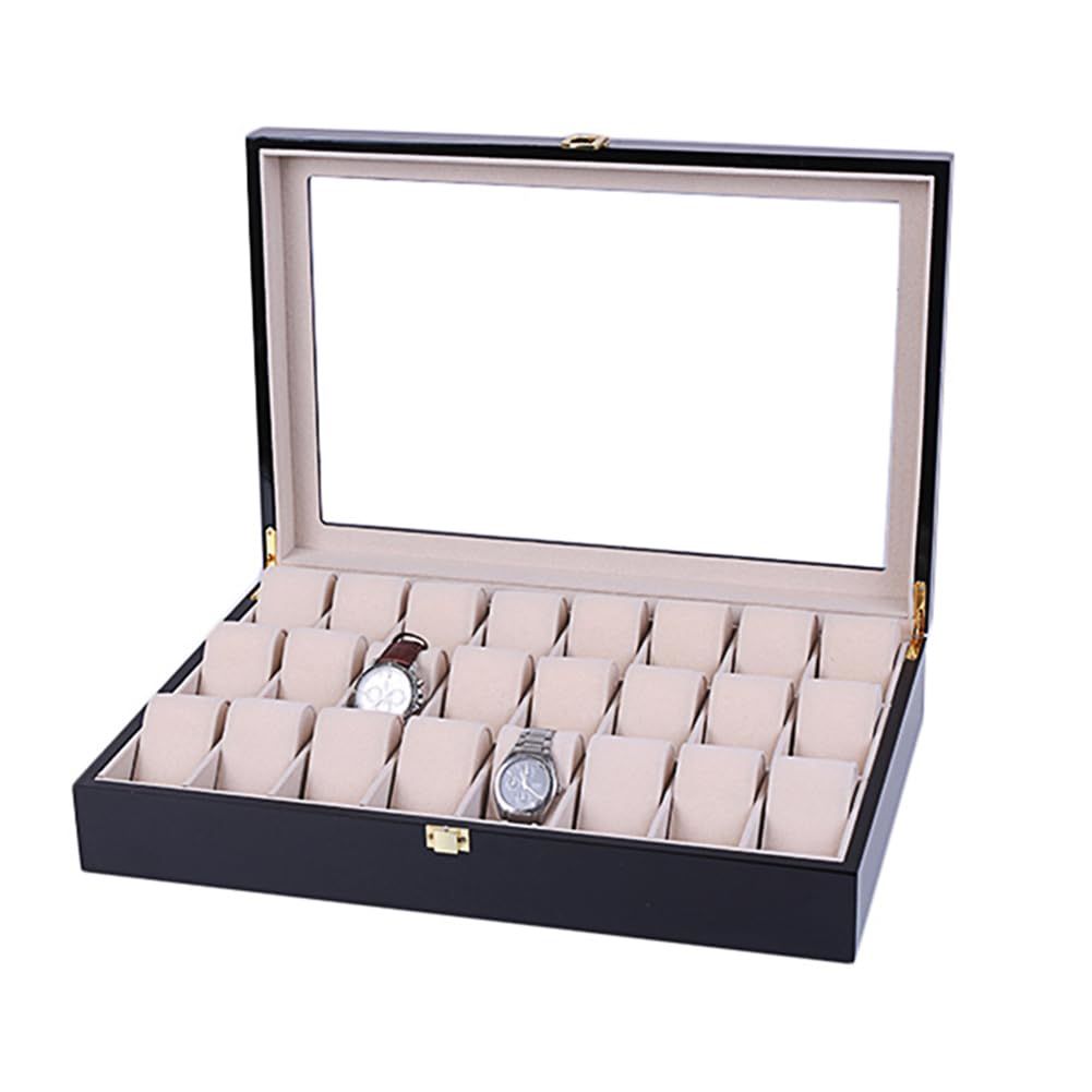 24-Slot Wooden Watch Box Organizer with Glass Top - Elegant Watch Display Case for Men & Women - Perfect for Jewelry, Watches, Rings Collection & Gift Giving - Home & Office Decor Accessory