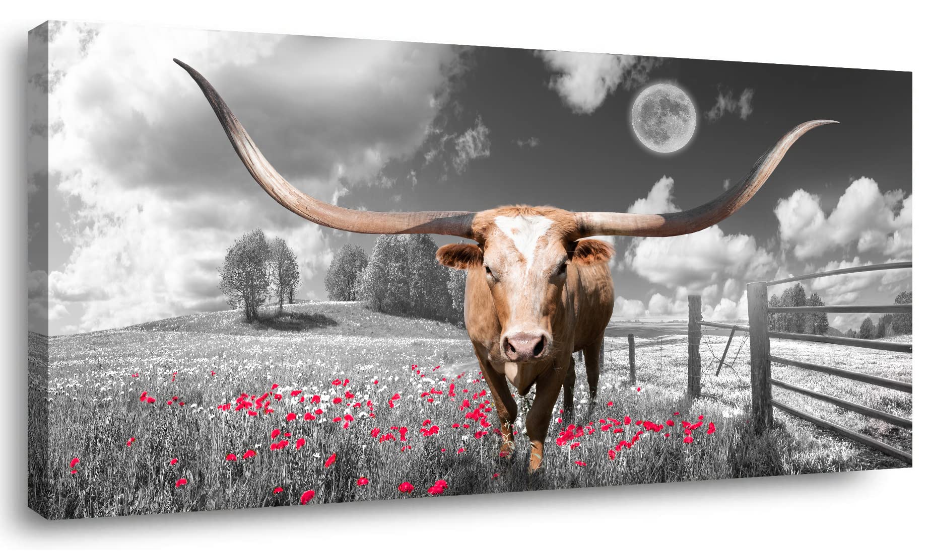 Highland Cow Canvas Wall Art - Rustic Farmhouse Decor with Red Flowers - 23x46 Inch Cow Picture for Bathroom, Bedroom & Living Room - Funny Cows Wall Decor for Country Style Homes