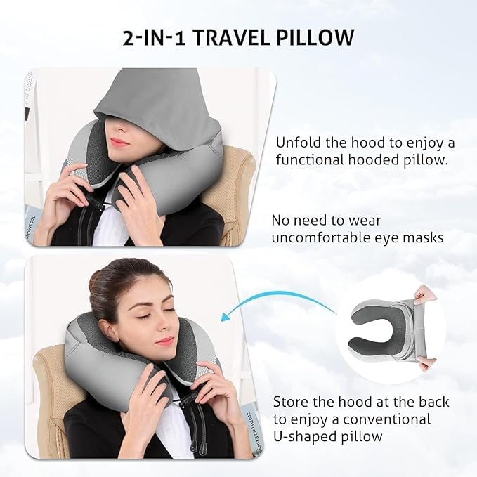 **AVIAXO Memory Foam Travel Neck Pillow for Adults - Hooded & Comfortable Flight, Airplane, Car & Train Pillow - Perfect for Long Trips & Relaxation**