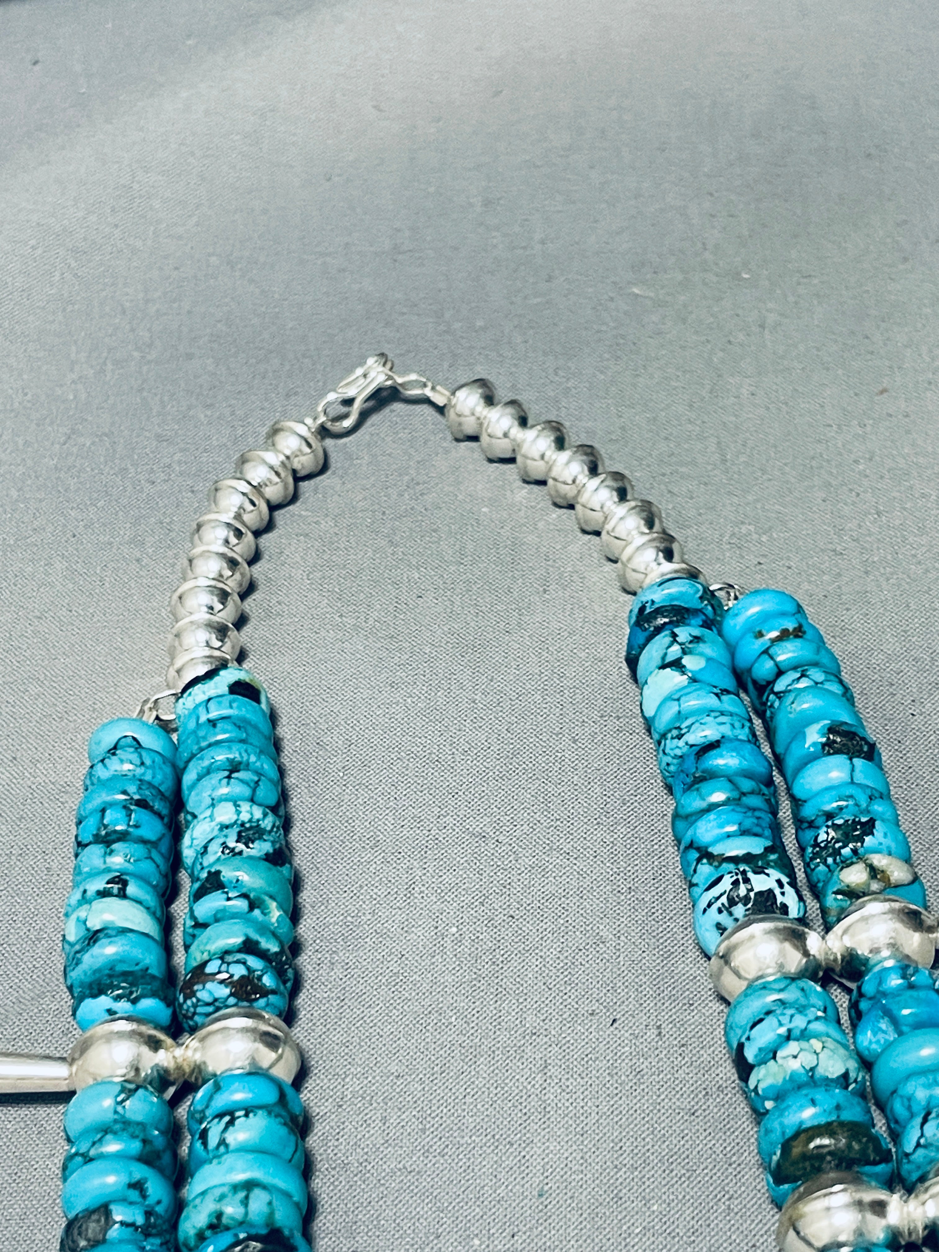 202 Gram Authentic Native American Navajo Turquoise Sterling Silver Squash Blossom Necklace - Handcrafted Jewelry for Women, Boho Fashion & Special Occasions