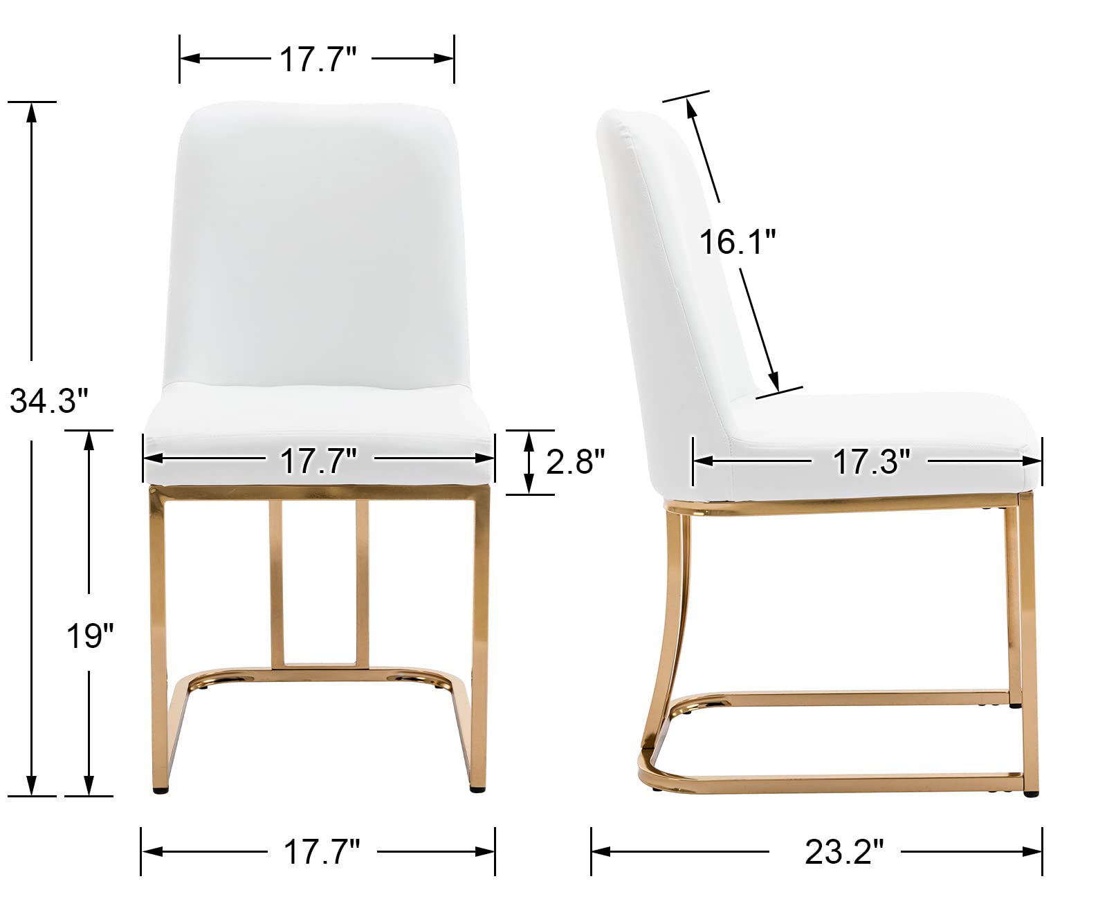 Mid Century Modern Dining Chairs Set of 2 - PU Leather Upholstered Armless Kitchen Chairs with Gold Metal Legs, 17.7