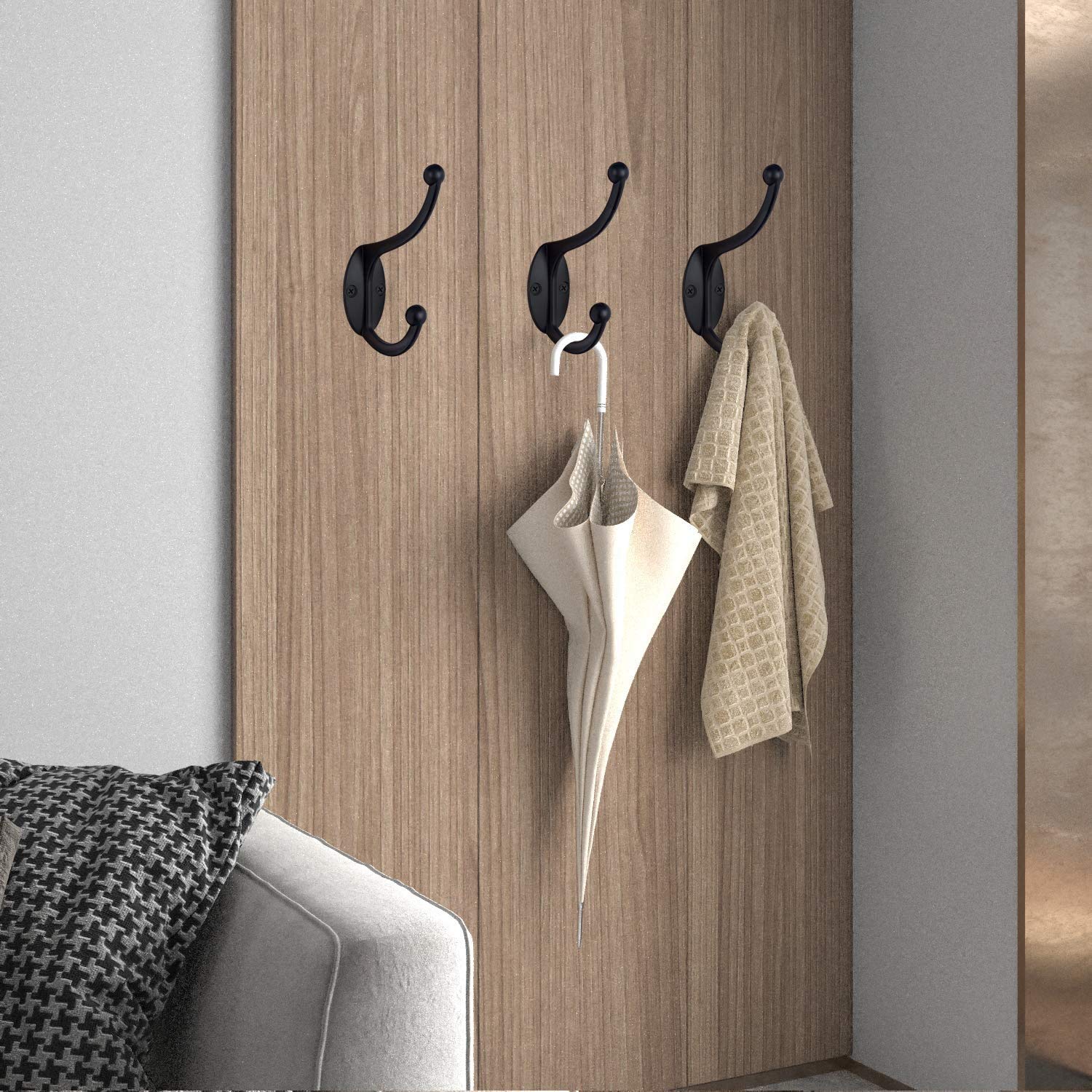 10Pcs Black Wall Mounted Coat Hooks - Heavy Duty Double Robe Hooks for Hanging Coats, Towels, Bags, Keys & Hats - Rustproof Bathroom & Bedroom Organization Hardware with Screws Included - Perfect for Entryway, Closet, Laundry Room & Dorm Decor