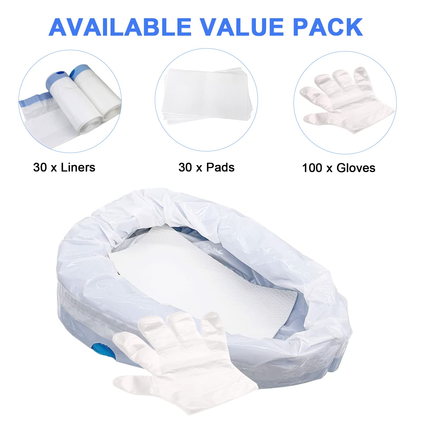 **Disposable Bed Pan Liners with Super Absorbent Pads (30 Pack) - Waterproof Commode Liners for Elderly Care, Bedside Toilet Chairs & Portable Toilets - Ideal for Home, Hospital & Travel Use**