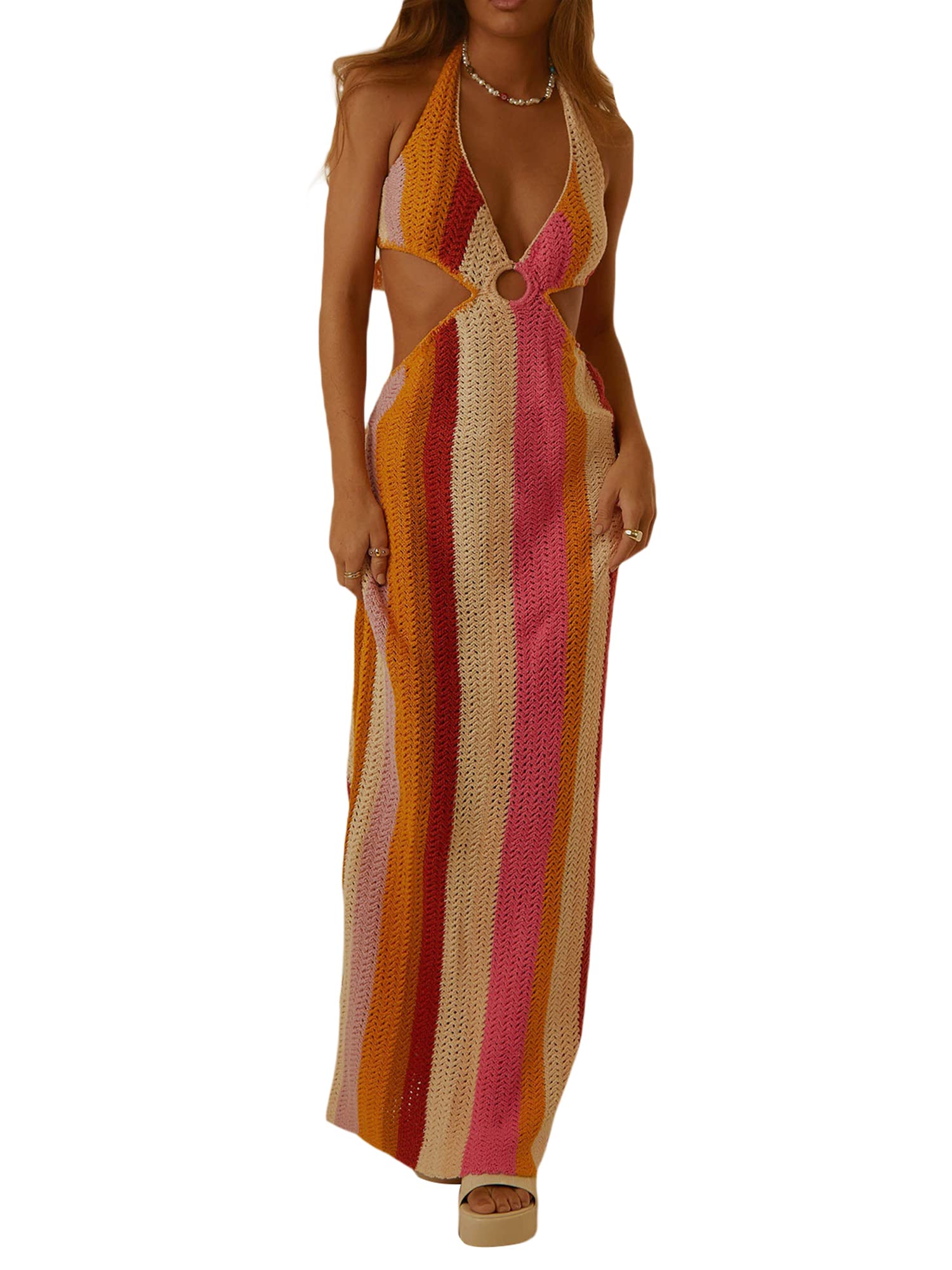 Sexy Women's Knitted Cut-Out Spaghetti Strap Bodycon Dress - Hollow Out Halter Neck Backless Midi Maxi Dress for Party, Club, Date Night & Evening Wear