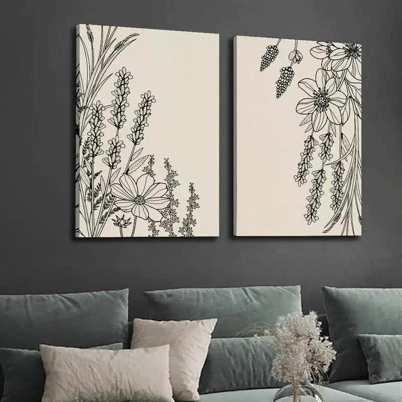 2pcs Abstract Line Plant & Flower Canvas Wall Art - Minimalist Framed Print 50x75cm (20x30in) | High Quality Australian Made | Ready to Hang | Perfect for Living Room, Bedroom & Office Decor