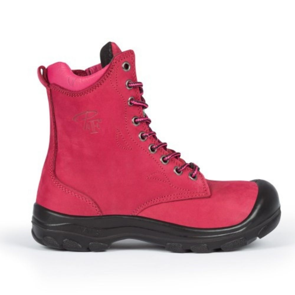 P&F S558 Women's 8 Steel Toe Work Boots with Side Zipper - Comfortable & Durable Safety Shoes for Construction, Warehouse & Outdoor Work (Red)