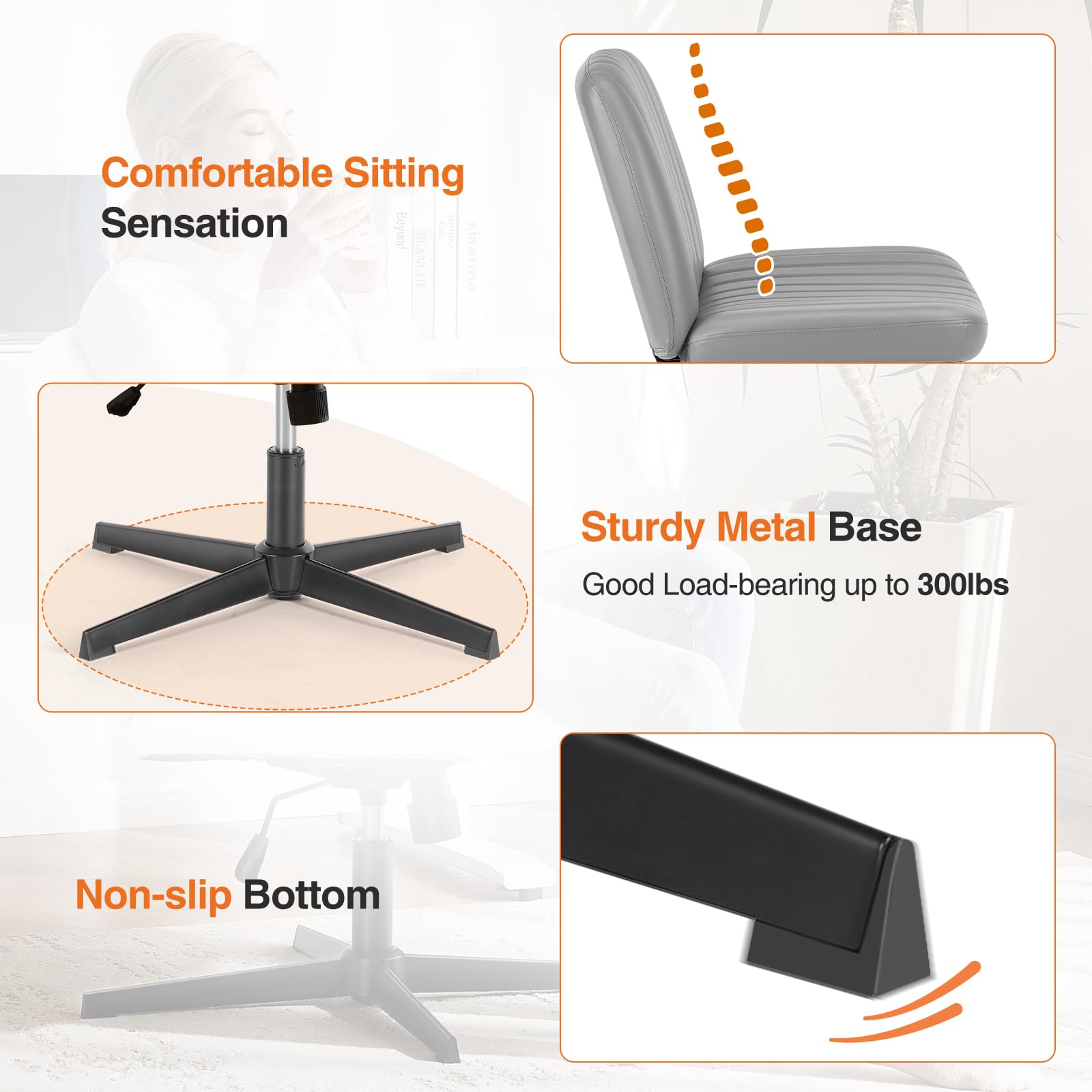 Sweetcrispy Armless Swivel Office Chair - Cross Legged Desk Chair Without Wheels, Wide Leather Seat for Home & Office Workspace | Perfect for Small Spaces, Meditation & Compact Workstations