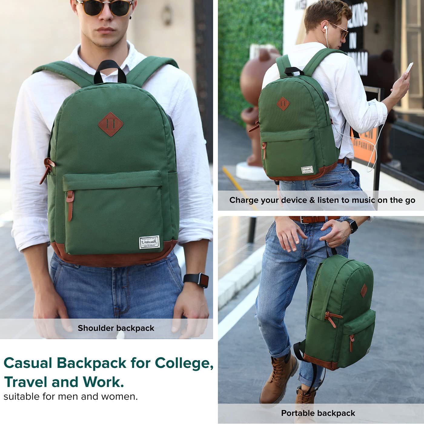 Waterproof College Backpack with USB Charging Port & Anti-Theft Design - Slim Laptop Backpack for Men & Women Fits 14-15 Inch MacBook/Computer - Perfect for School, Travel & Commuting (Green)