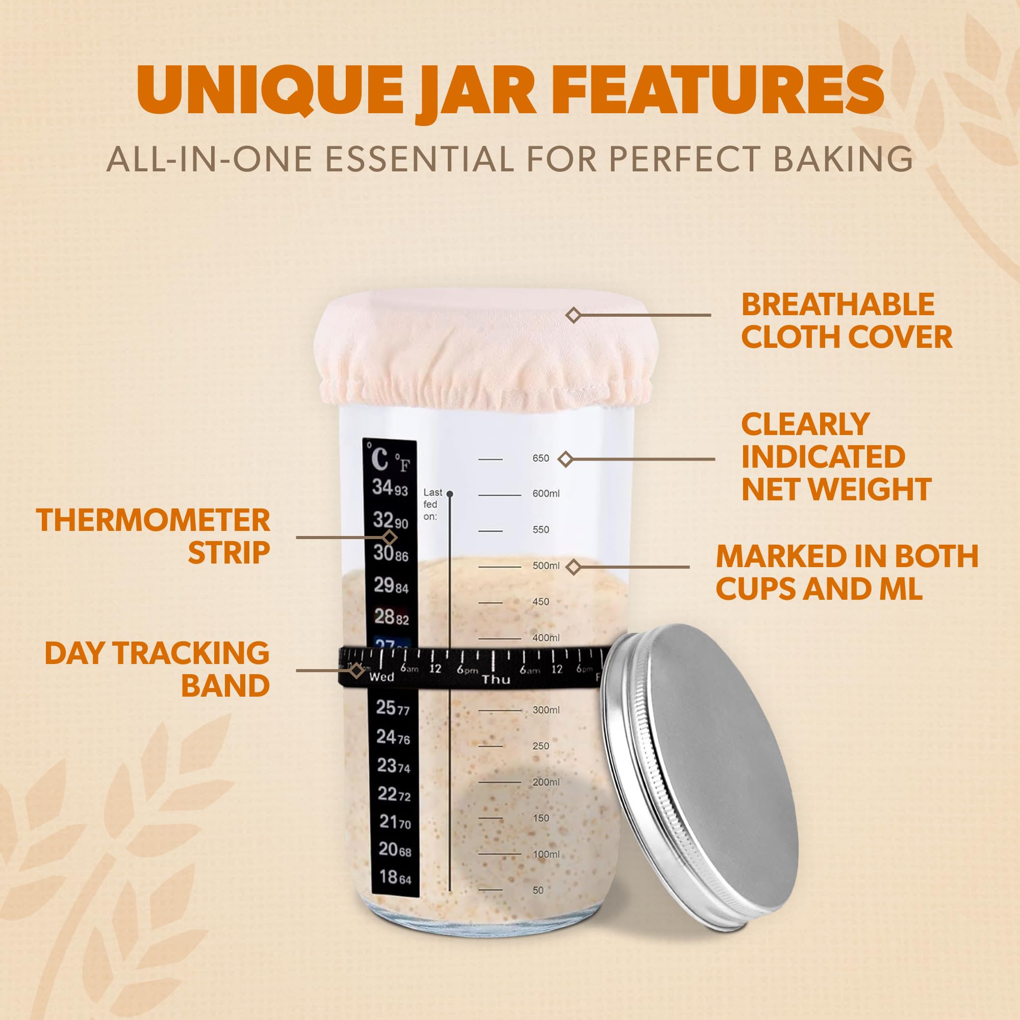 Organic Sourdough Starter Kit with 14oz Glass Jar - Complete Bread Baking Supplies Set with Airtight Lid, Dough Whisk & Silicone Spatula - Perfect for Homemade Artisan Bread, Pizza Dough & Pastries