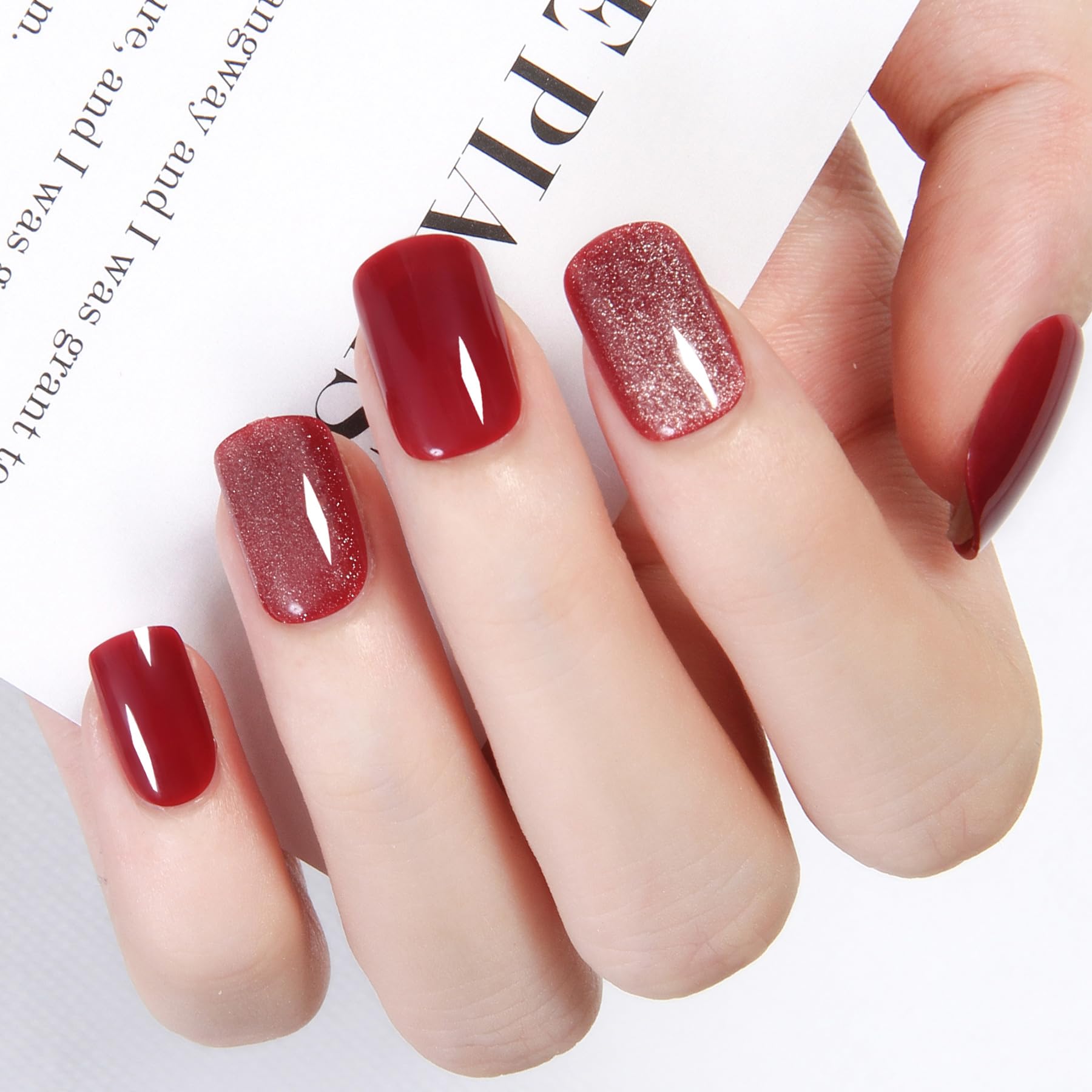 Short Square Press On Nails - 24Pcs Red Cat Eye Glossy Acrylic Fake Nails with Adhesive Tabs | Reusable & Trimmable Artificial Nails for Women & Girls | Perfect for Festivals, Parties & Daily Wear