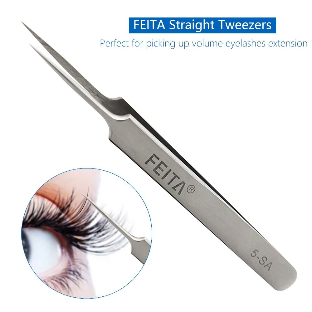 FEITA Professional Eyelash Extension Tweezers Set - Straight & Curved Pointed Fine Tip Tweezers for Lash Extensions, False Lashes & Beauty Salon Use - Silver Stainless Steel 2-Piece Kit for Precise Lash Application