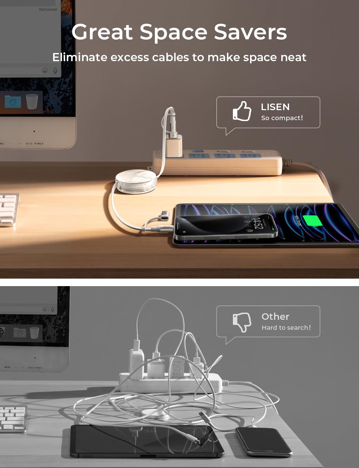 LISEN 5-in-1 Multi Charger Cable with 60W PD Fast Charging | Retractable USB C Charger for Samsung Galaxy S24+/iPhone 15/Pro/Laptop/iPad | Compact Travel Charging Solution for Home, Office & Car