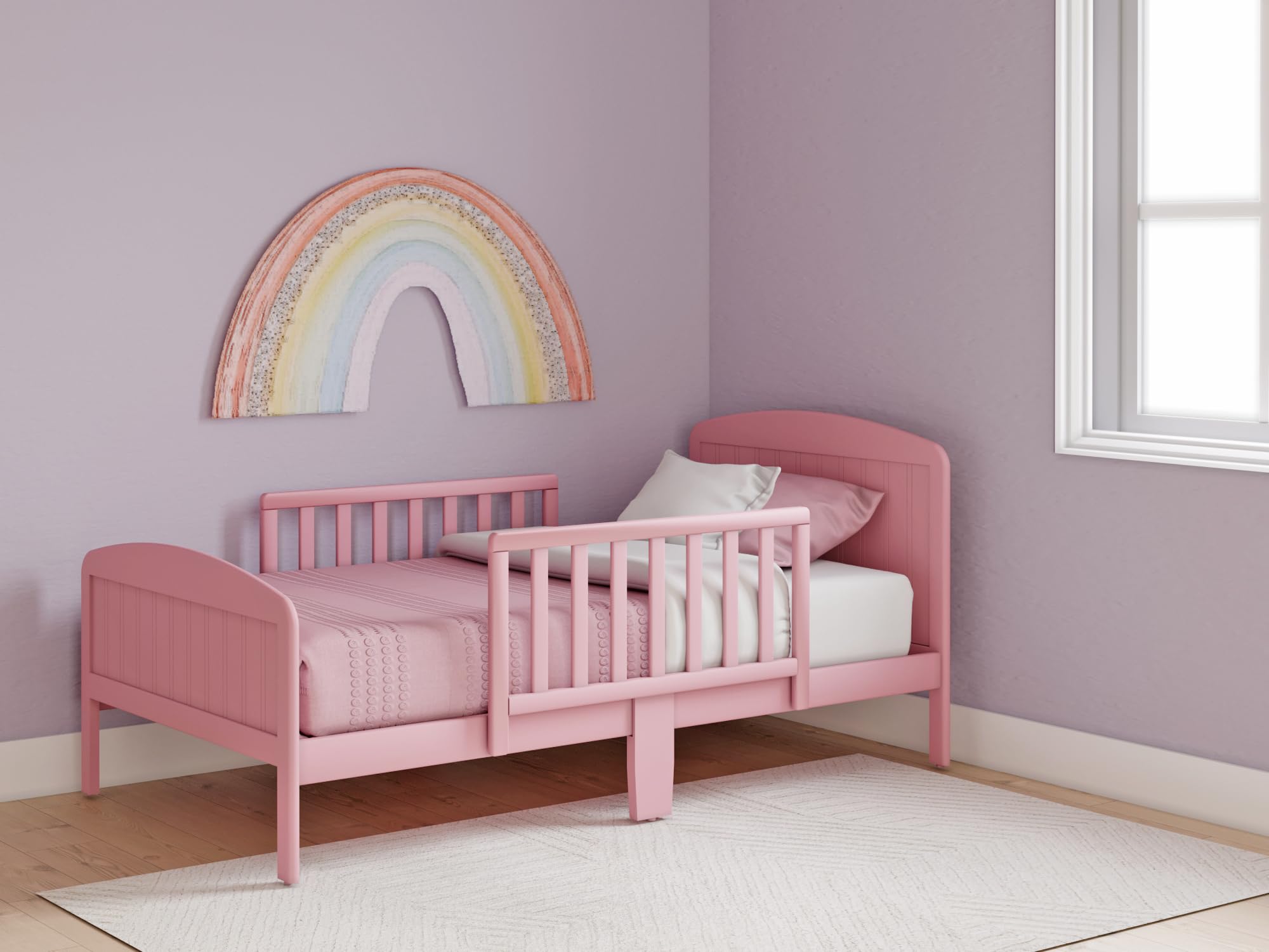 Harrisburg Toddler Bed - Solid Wood Modern Transitional Kids Bed with Side Rails & 2 Safety Guards | Fits Crib Mattress | Low Profile Design for Nursery & Children's Bedroom (Pink) - Perfect for Safe Sleep Transition from Crib to Big Kid Bed