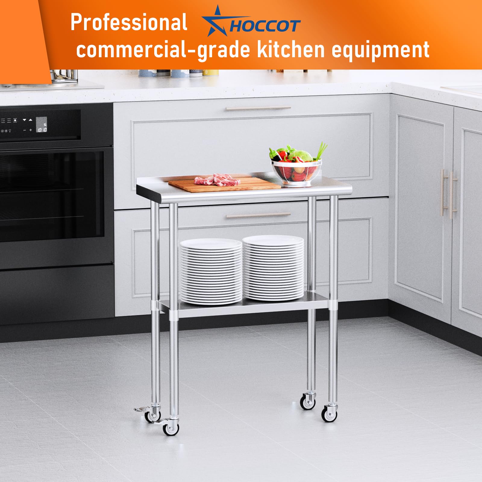 Stainless Steel Prep & Work Table with Adjustable Shelf, Backsplash & Wheels - 14