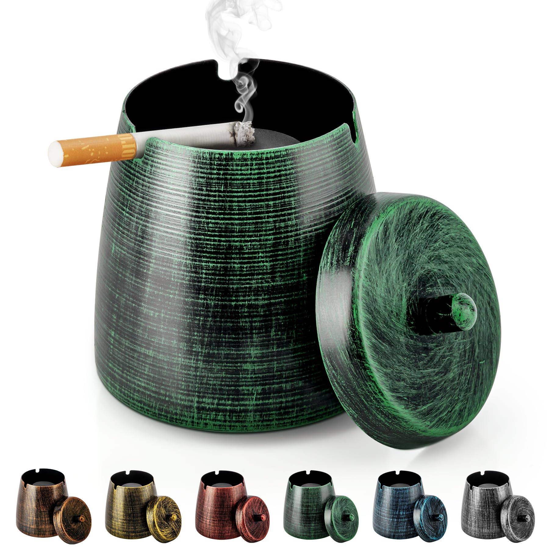 Odorless Windproof Metal Ashtray with Lid for Cigarettes - Smokeless Outdoor & Indoor Use for Patio, Balcony, Home, Office, Tabletop - Perfect for Smoking Areas & Social Gatherings