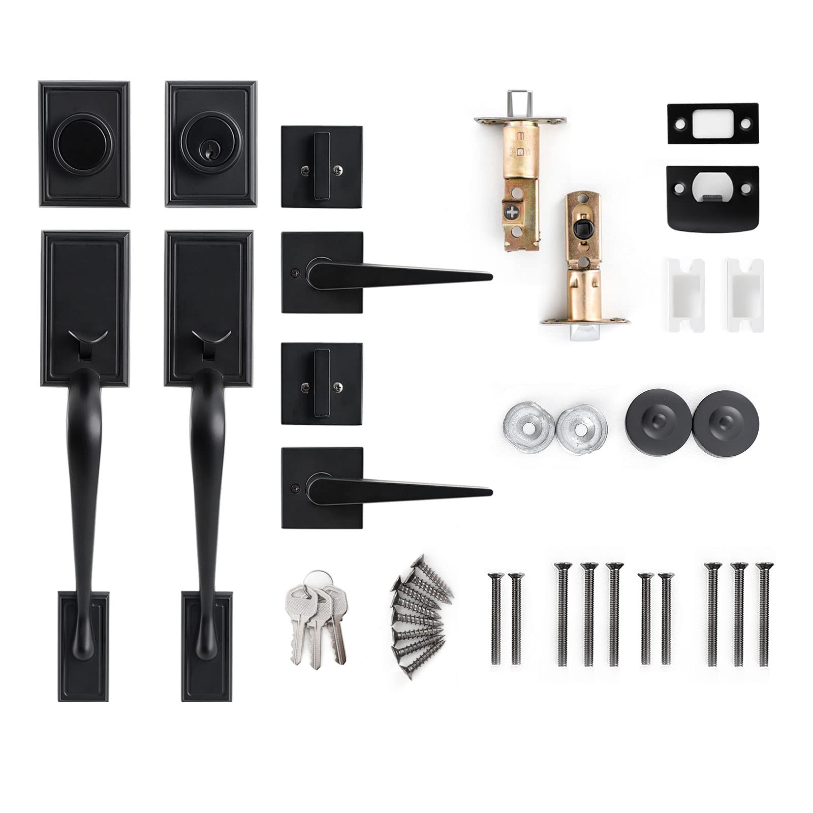 Premium Matte Black Front Door Lock Set - Double Door Handle with Deadbolt & Dummy Lockset (B-S118-M-USAM021) for Home Security & Entry Doors - Ideal for Residential & Commercial Properties