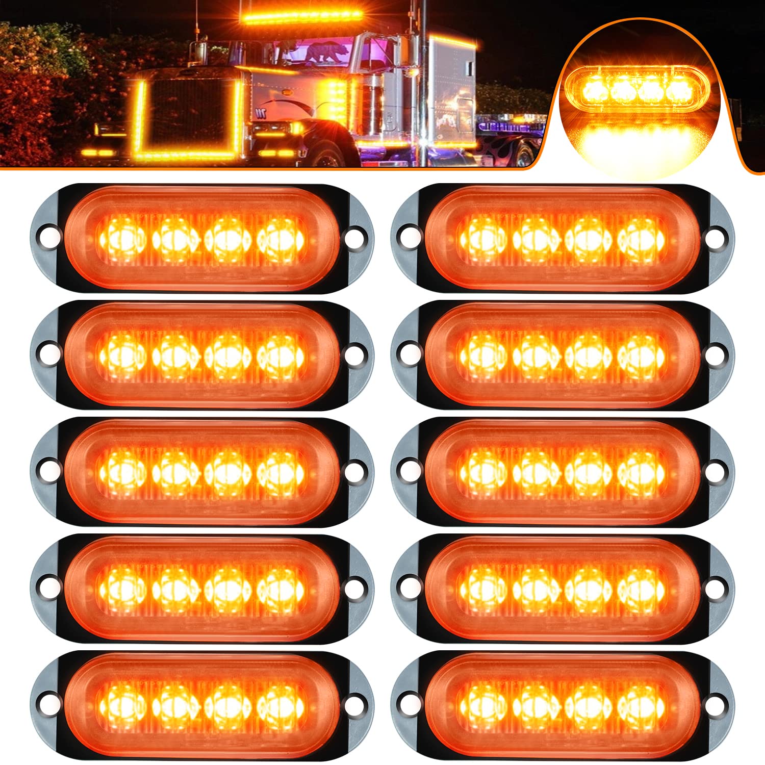 ALFU 10pcs Amber 12-24V 4LED Side Marker Lights - Waterproof Sealed Clearance Lamps for Trucks, Tractors, RVs, Campers & Motorcycles - Perfect for Night Driving Safety & Vehicle Visibility