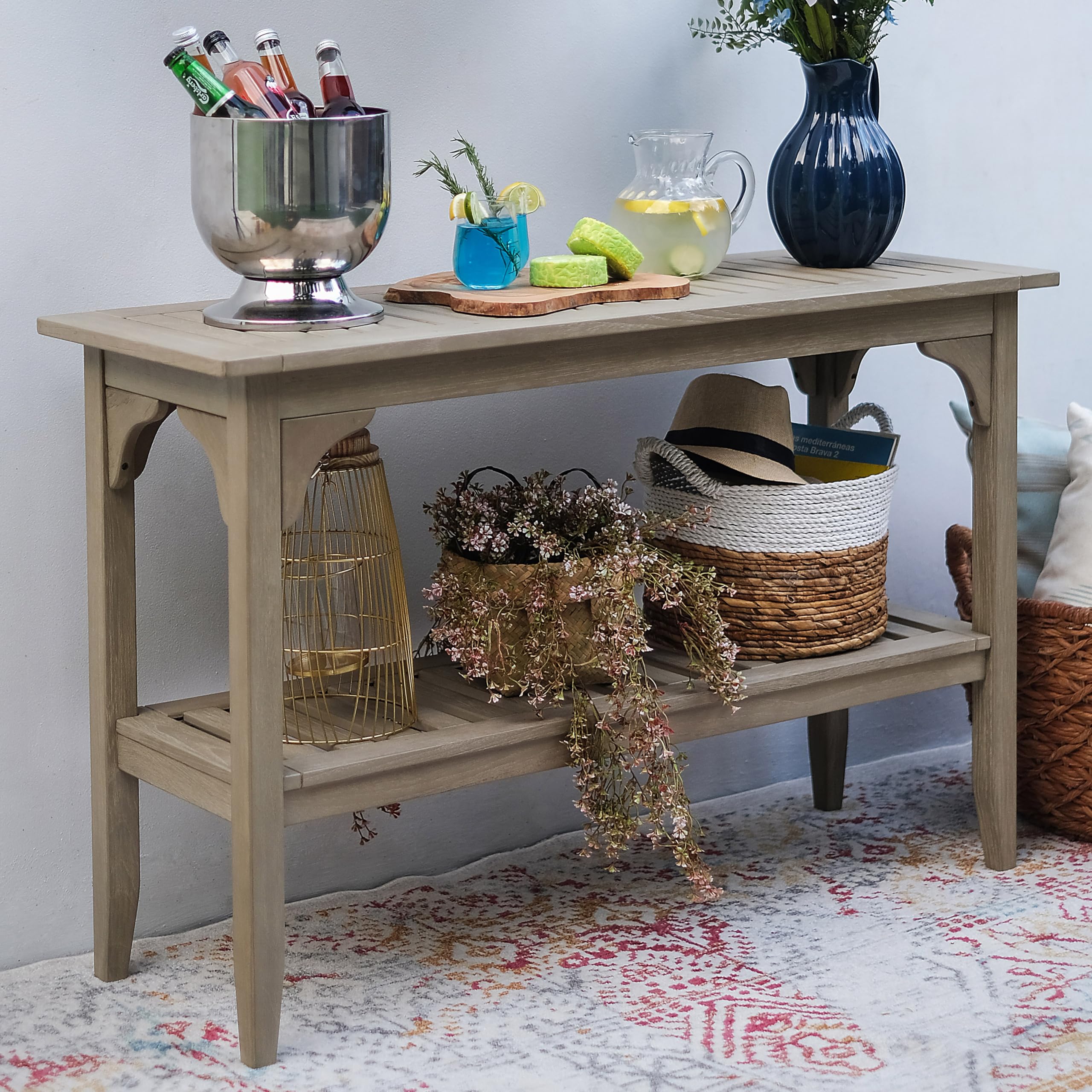 Cambridge Casual Indonesian Teak Auburn Outdoor Console Table – Weathered Gray Finish – Durable & Stylish Teak Wood Accent Plant Table for Patio, Deck, Porch – Perfect for Outdoor Entertaining, Garden Decor, and Balcony Furniture