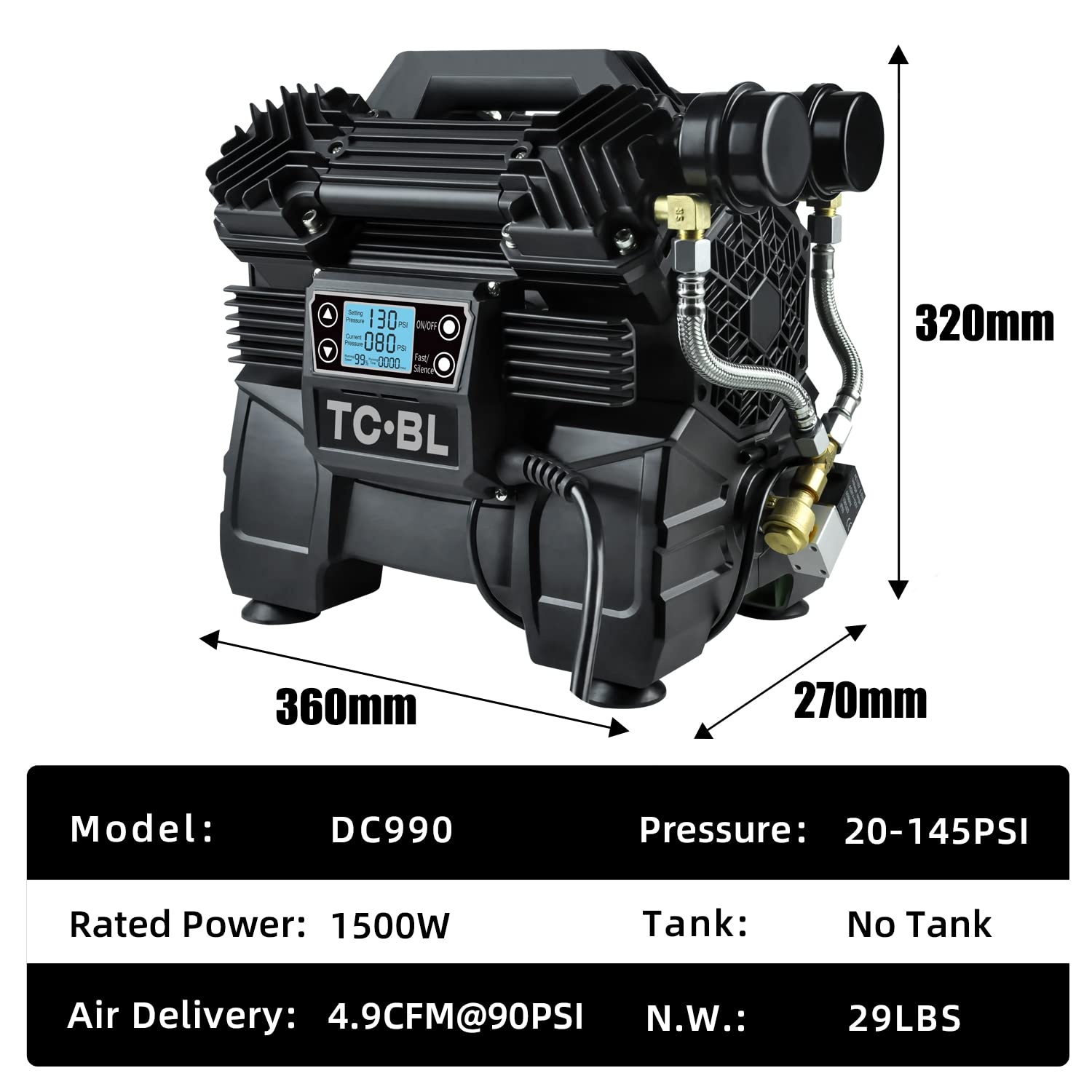 145PSI 2HP Heavy Duty Oil-Free Tankless Air Compressor Pump - Perfect for DIY Projects, Home Repairs & Professional Workshops