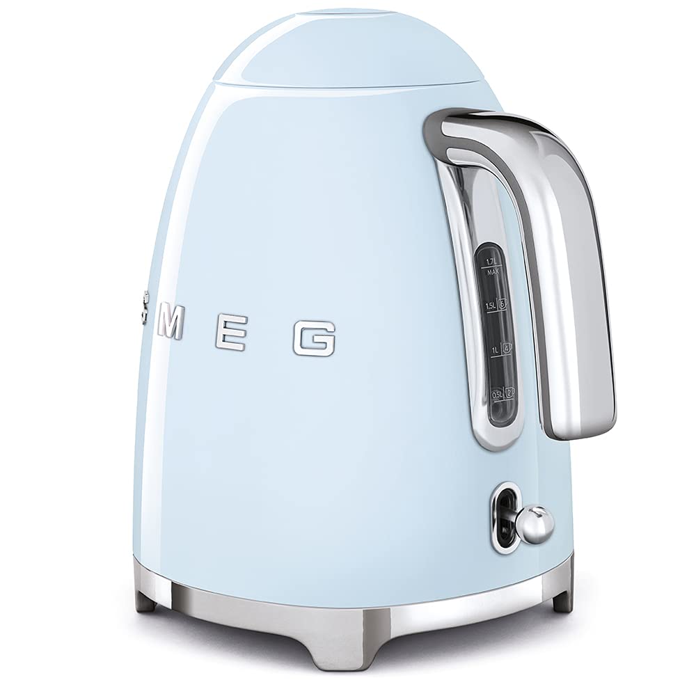 SMEG 50's Retro Style Electric Kettle - 1.7L Capacity, Auto Shut-Off & Boil-Dry Protection, Removable Base with 360° Swivel, Water Level Indicator, Pastel Blue (KLF03PBUS) - Perfect for Kitchen, Office & Dorm Room Use