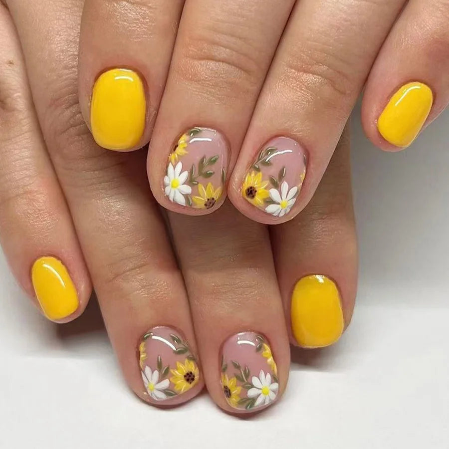 24Pcs Press on Nails - Short Square Fake Nails with Cute Flower Design, Multi Color Full Cover Nail Tips for Women | Easy to Apply, Perfect for Daily Wear, Parties & Special Occasions