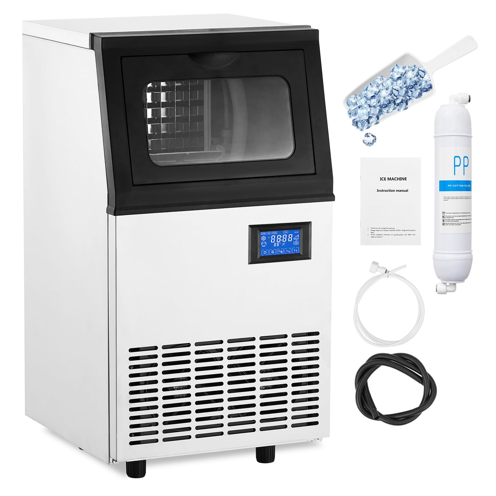 Commercial Ice Maker Machine - 90LBS/24H, 33LBS Storage Bin, Makes 4x10 Cubes in 15 Mins, 210W 120V Stainless Steel, Self-Cleaning - Perfect for Home Bars, Restaurants, and Outdoor Parties