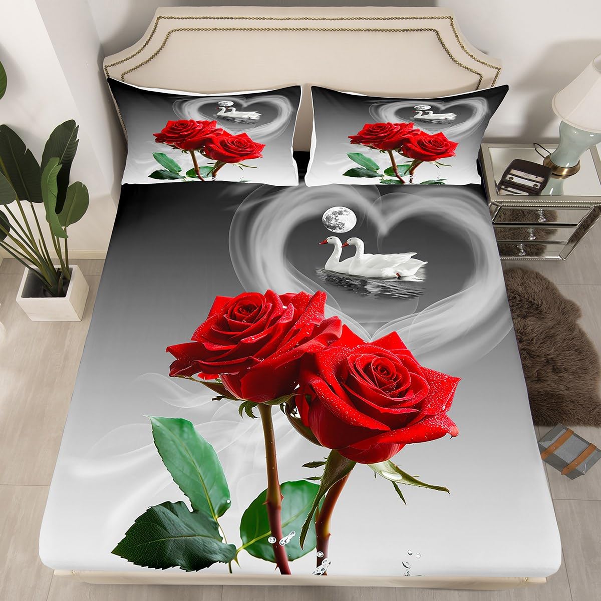 Romantic Red Rose & Swans Queen Size Bedding Set - Ultra Soft Floral Fitted Sheet for Couples, Valentine's Gift, Bedroom Decor (No Flat Sheet) - Perfect for Anniversary, Honeymoon & Romantic Getaway