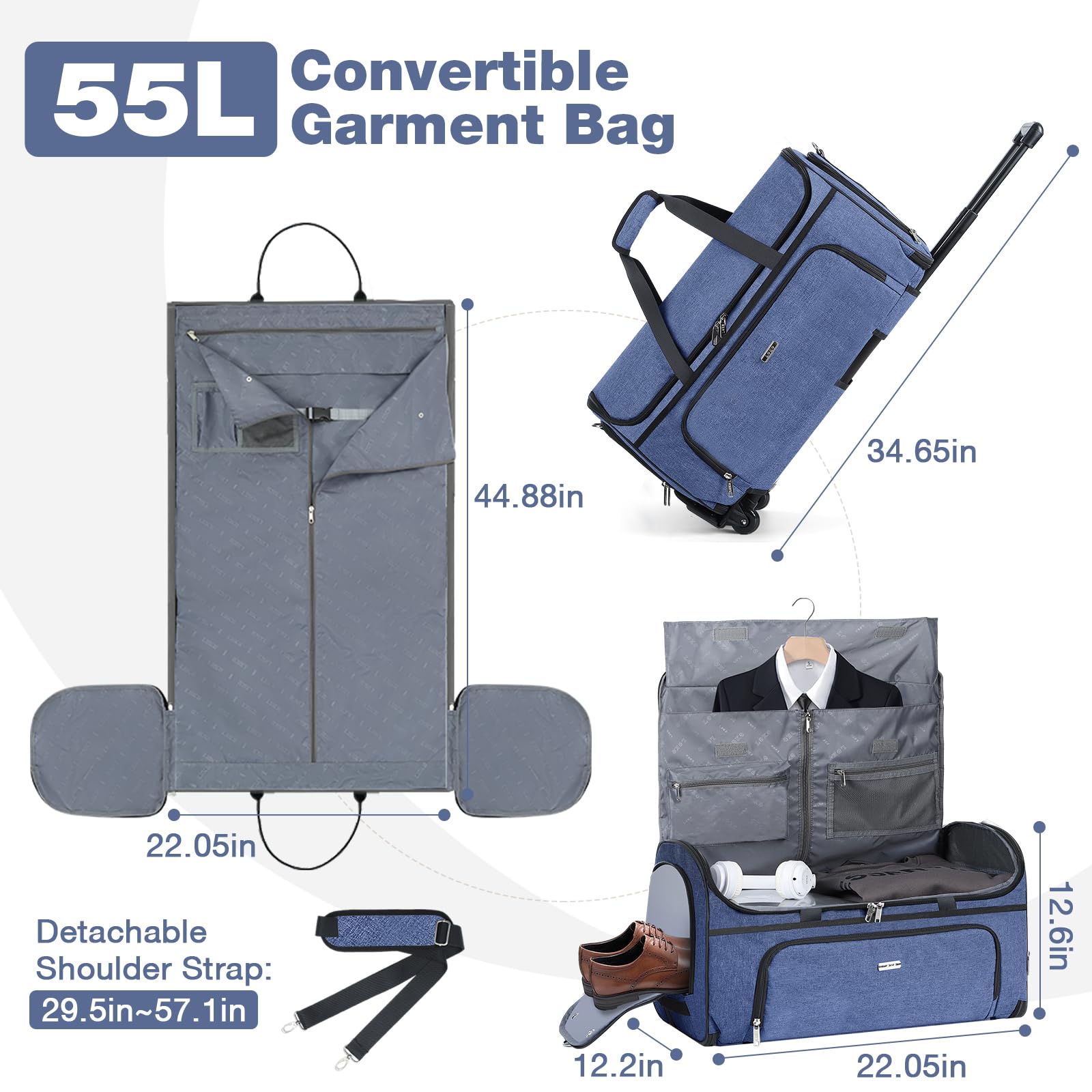 Premium Garment Bags with Wheels - Convertible Weekender Travel Luggage for Business & Vacation - Large Duffle Garment Bag for Suits & Dresses (Blue) | Perfect for Air Travel, Business Trips & Wedding Events