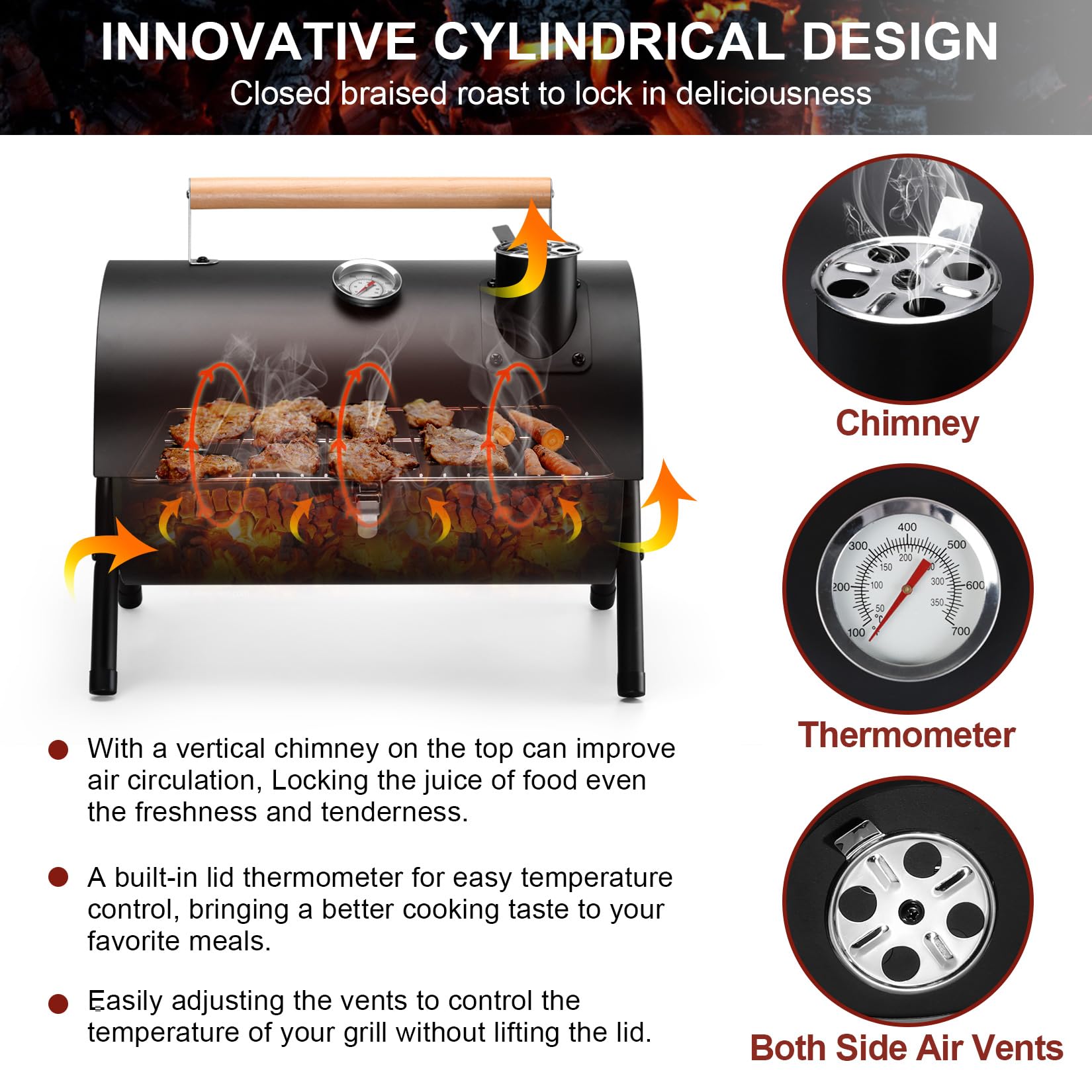 Joyfair Portable Charcoal Grill with Built-in Thermometer - Heavy Duty Stainless Steel Tabletop BBQ Grill for Outdoor Camping, Backyard Parties, Picnics & Tailgating - Easy Assembly & Innovative Design - Perfect for Grilling Burgers, Steaks, Vegetables & Seafood